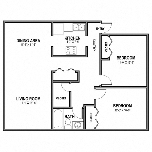 Floor plan for 2 beds, 1 bath, 858 sqft